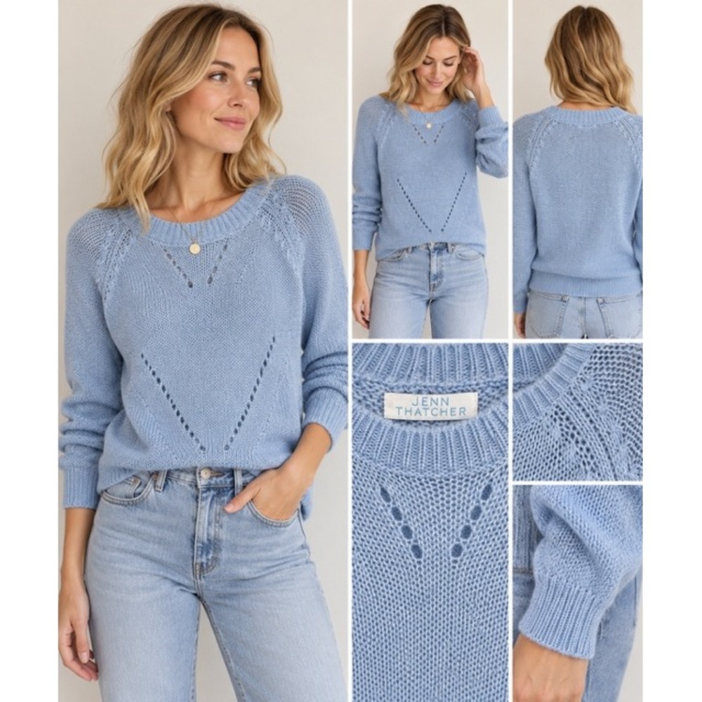 Women's Blue Pointelle Alpaca Wool Blend Knit Sweater Large Feminine Minimalist